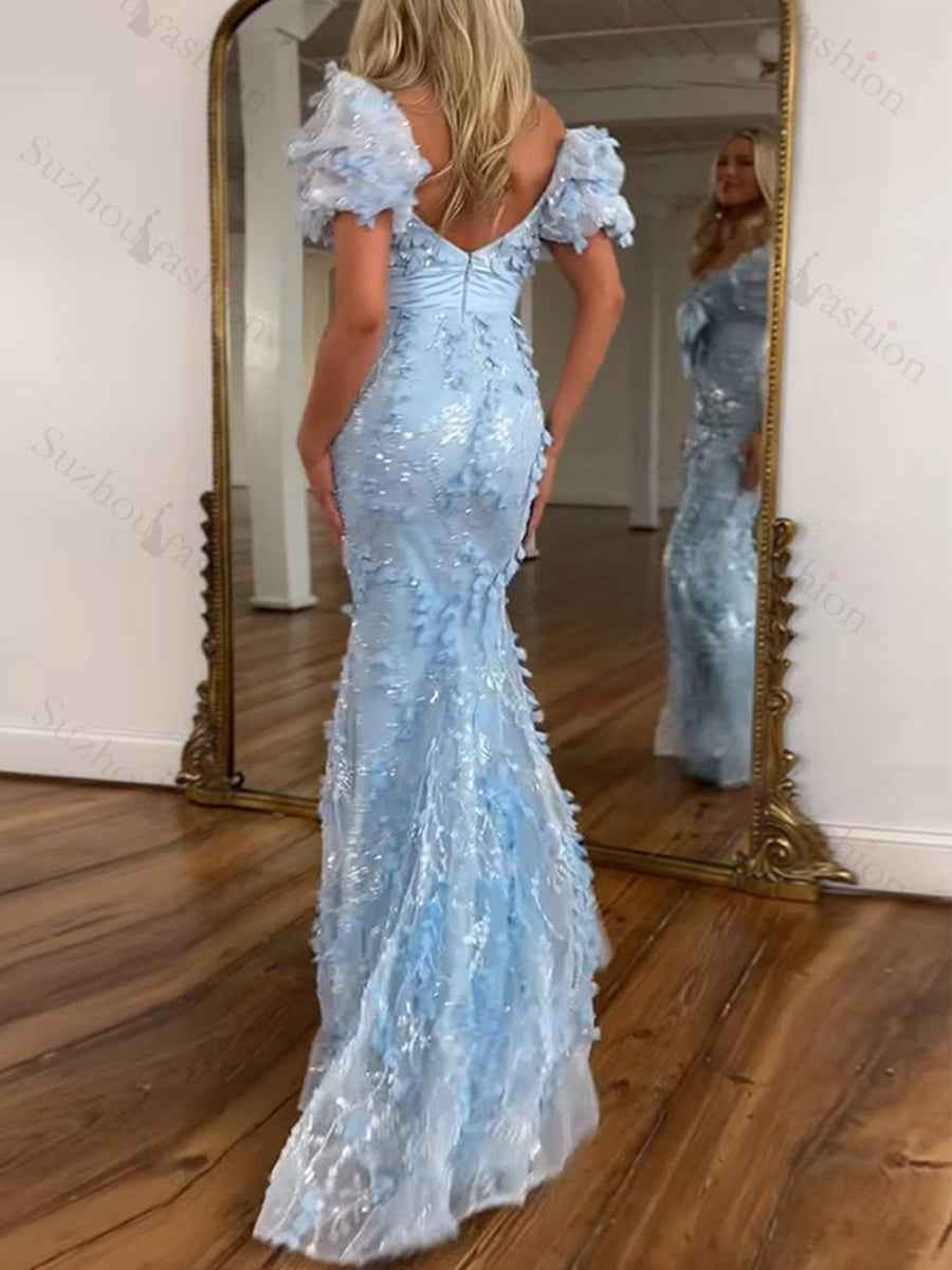 Pink Sequin Leaf Mermaid Long Prom Dress with Bow Detail