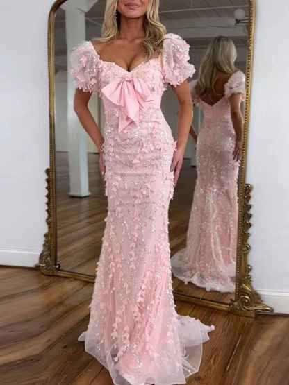 Pink Sequin Leaf Mermaid Long Prom Dress with Bow Detail