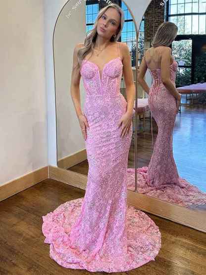 Pink Mermaid Spaghetti Straps Lace Up Long Prom Dress with Appliques