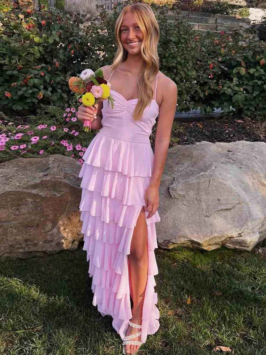 Pink Spaghetti Straps Ruffles Chiffon Long Prom Dress with Slit