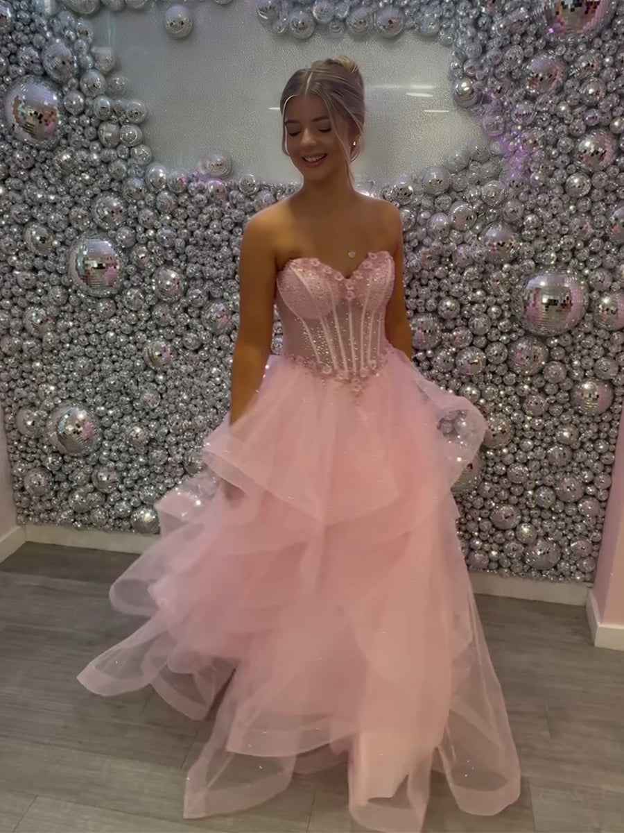 Pink Sparkly Tulle Corset Bodice Prom Dress with Ruffled Skirt