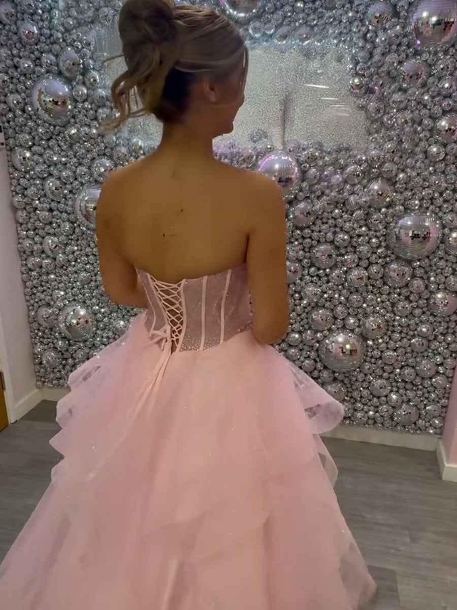 Pink Sparkly Tulle Corset Bodice Prom Dress with Ruffled Skirt