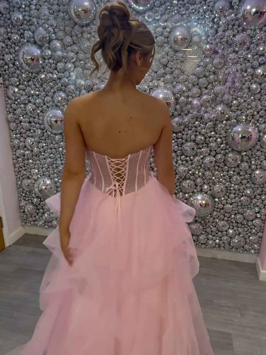 Pink Sparkly Tulle Corset Bodice Prom Dress with Ruffled Skirt