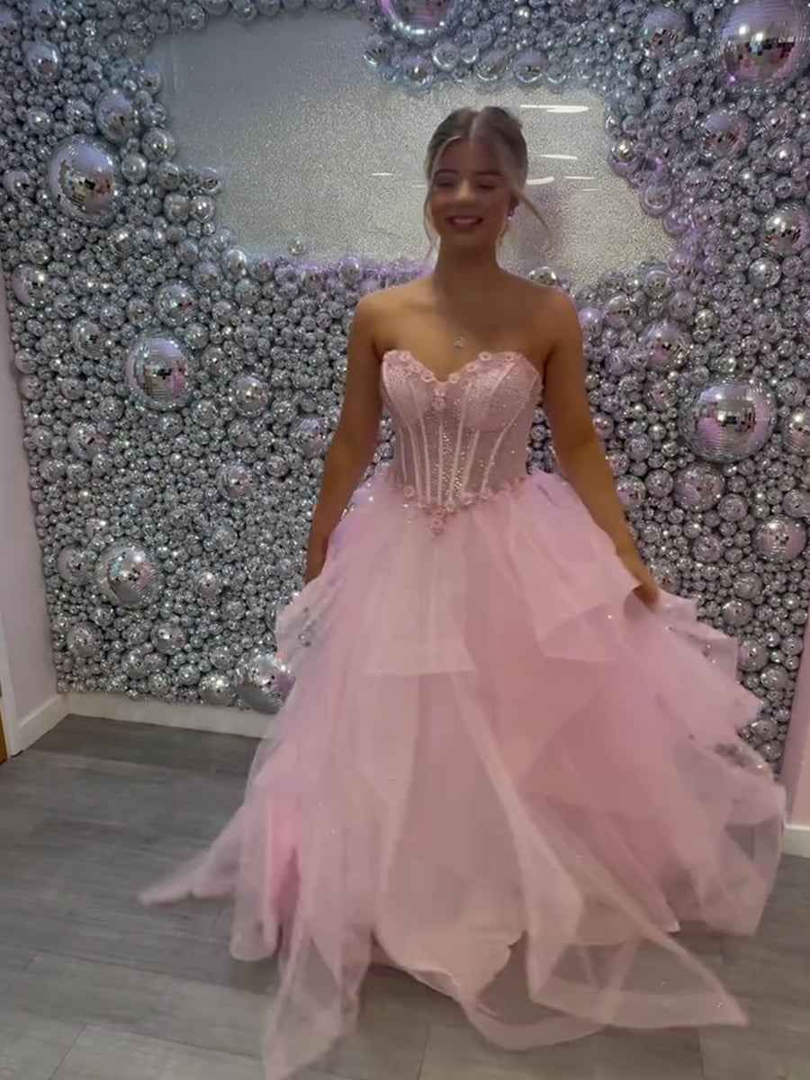 Pink Sparkly Tulle Corset Bodice Prom Dress with Ruffled Skirt