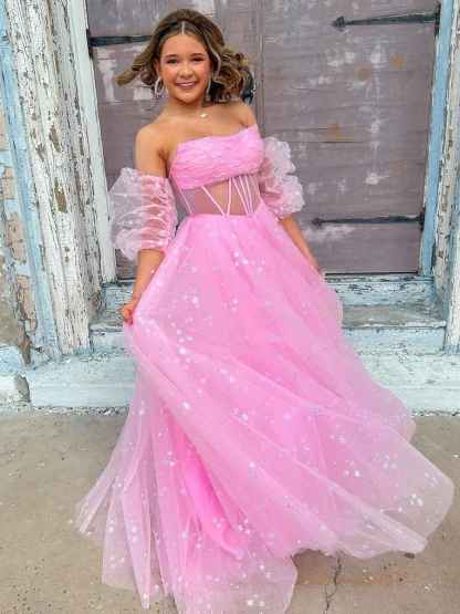 Pink Star Tulle Strapless Puff Sleeves Corset Prom Dress