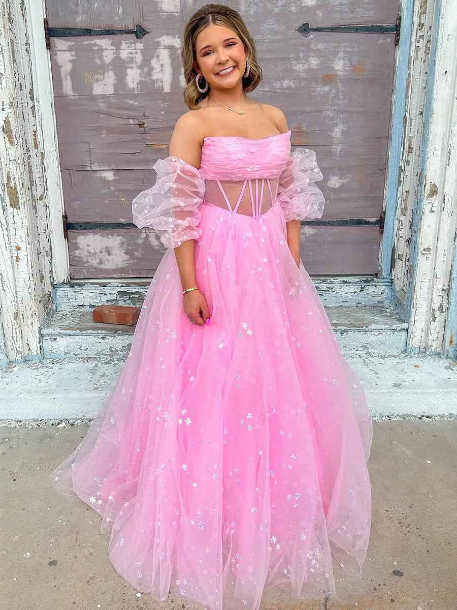 Pink Star Tulle Strapless Puff Sleeves Corset Prom Dress