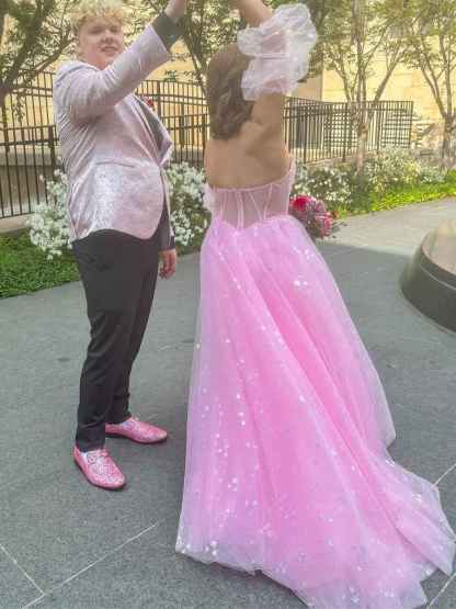 Pink Star Tulle Strapless Puff Sleeves Corset Prom Dress