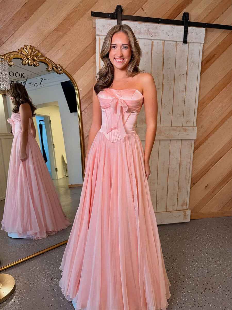 Pink Strapless A-Line Corset Bodice Prom Dress with Bow