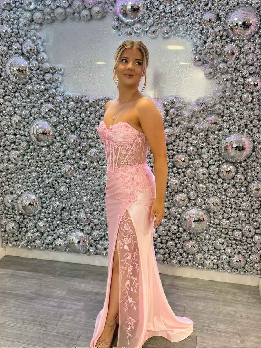 Pink Strapless Corset Floral Lace Prom Dress with High Slit