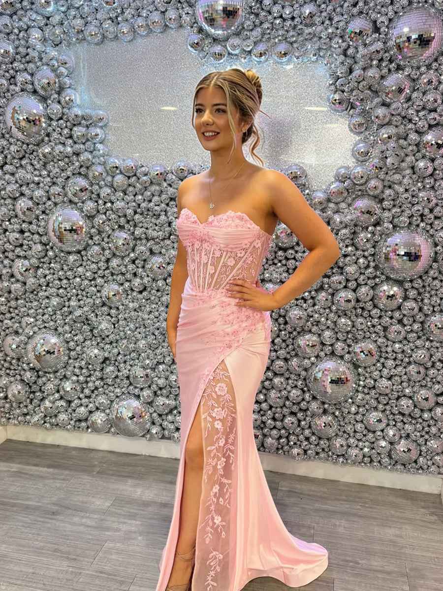 Pink Strapless Corset Floral Lace Prom Dress with High Slit