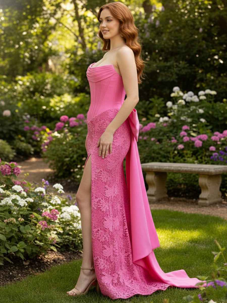 Pink Strapless Floral Lace Satin Corset Prom Dress with Back Bow