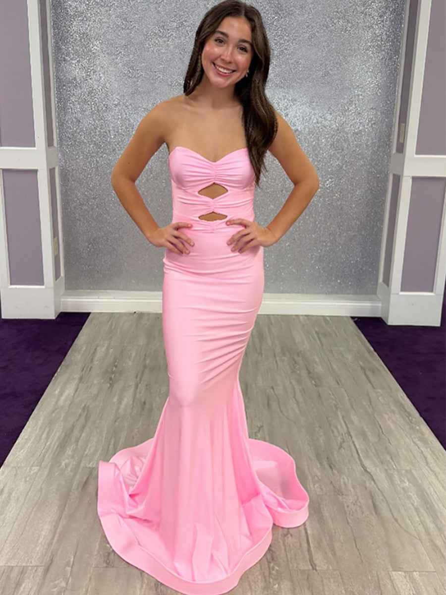 Pink Strapless Mermaid Prom Dress with Double Keyhole Front Cutouts
