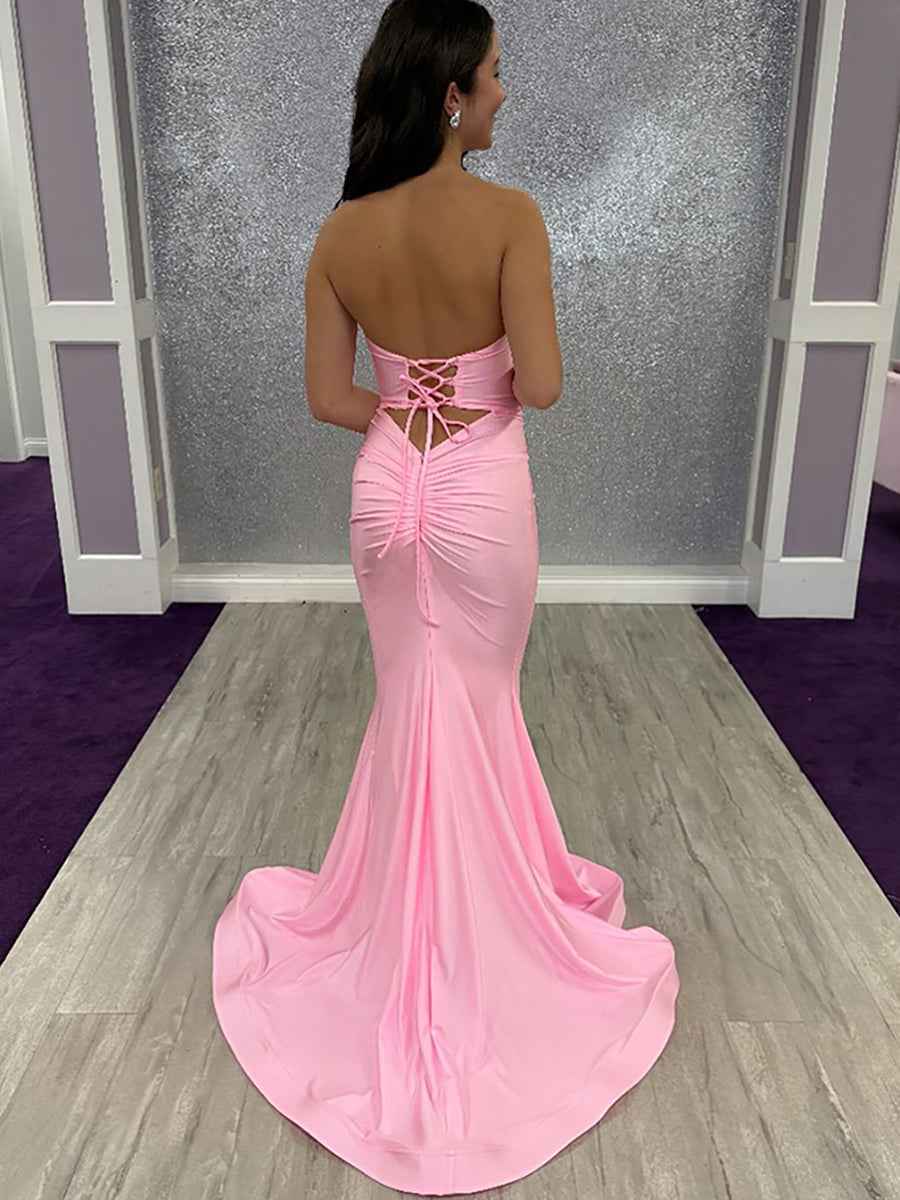 Pink Strapless Mermaid Prom Dress with Double Keyhole Front Cutouts