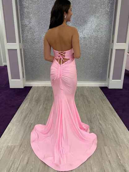 Pink Strapless Mermaid Prom Dress with Double Keyhole Front Cutouts