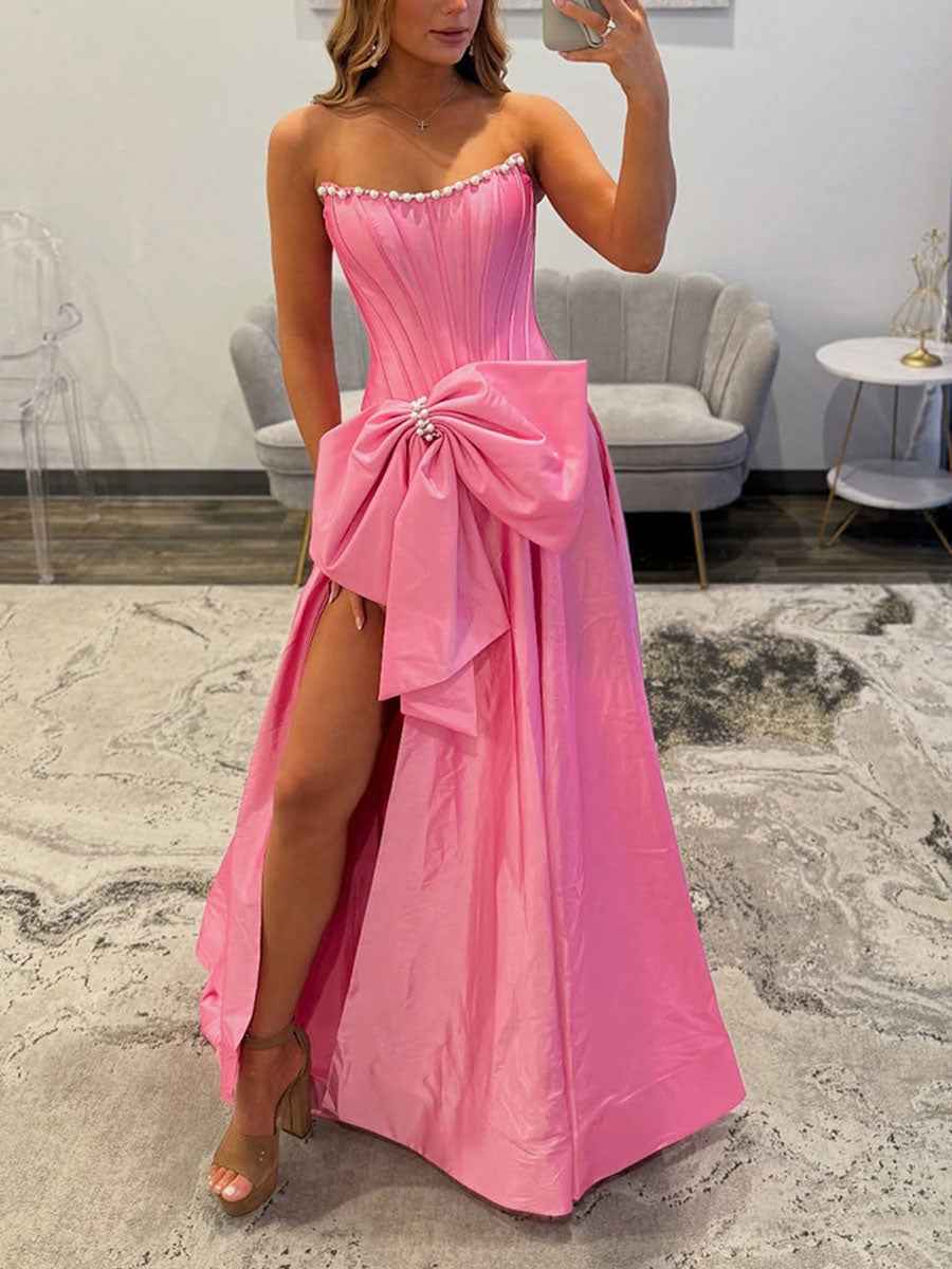 Pink Strapless Pearl Neckline Corset Long Prom Dress with Bow