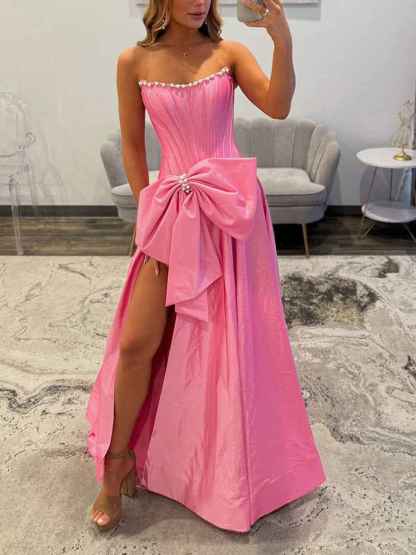 Pink Strapless Pearl Neckline Corset Long Prom Dress with Bow