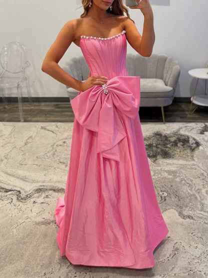 Pink Strapless Pearl Neckline Corset Long Prom Dress with Bow