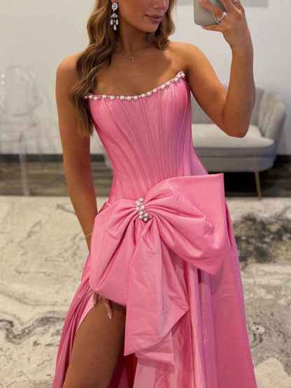 Pink Strapless Pearl Neckline Corset Long Prom Dress with Bow