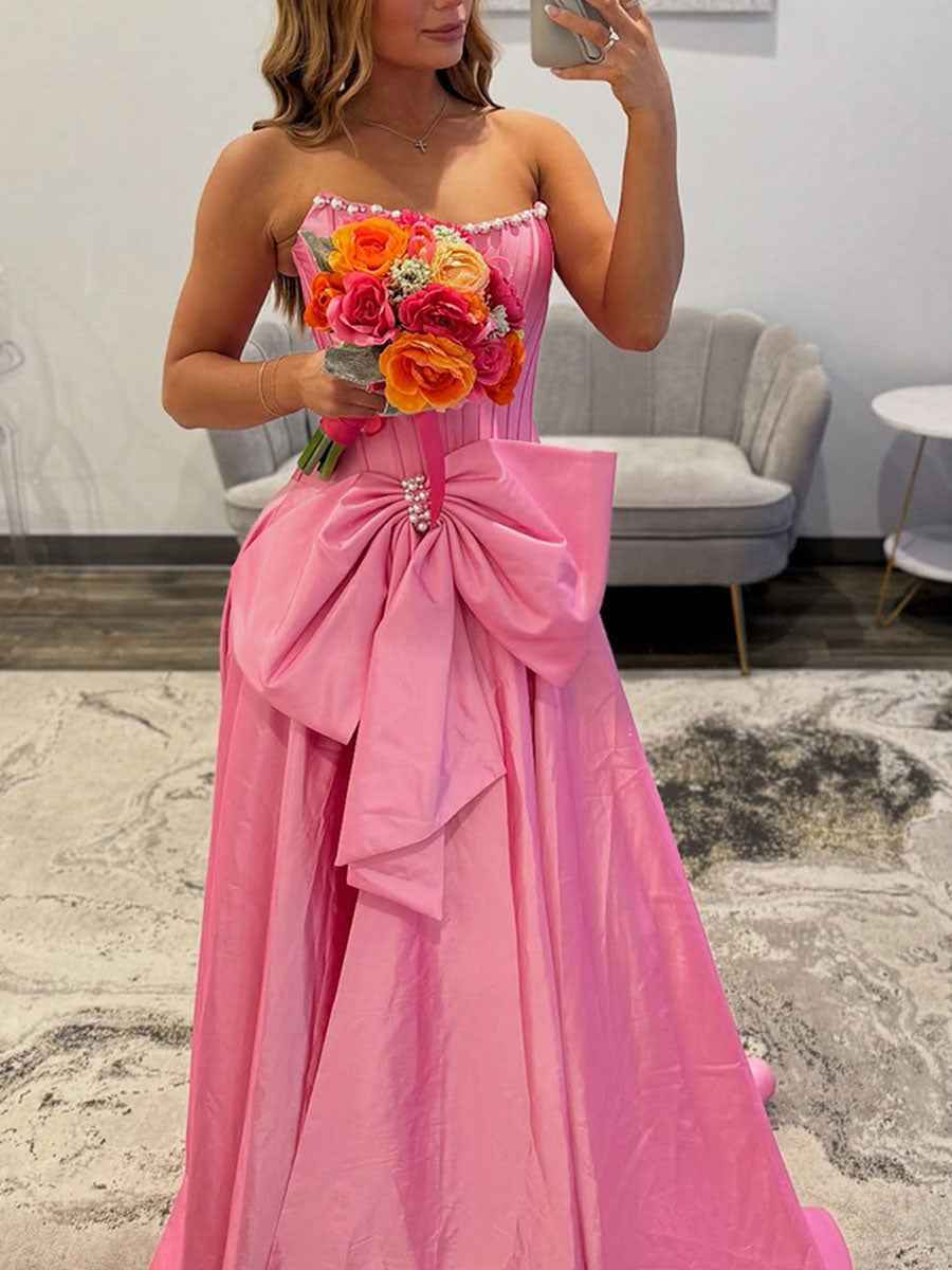 Pink Strapless Pearl Neckline Corset Long Prom Dress with Bow
