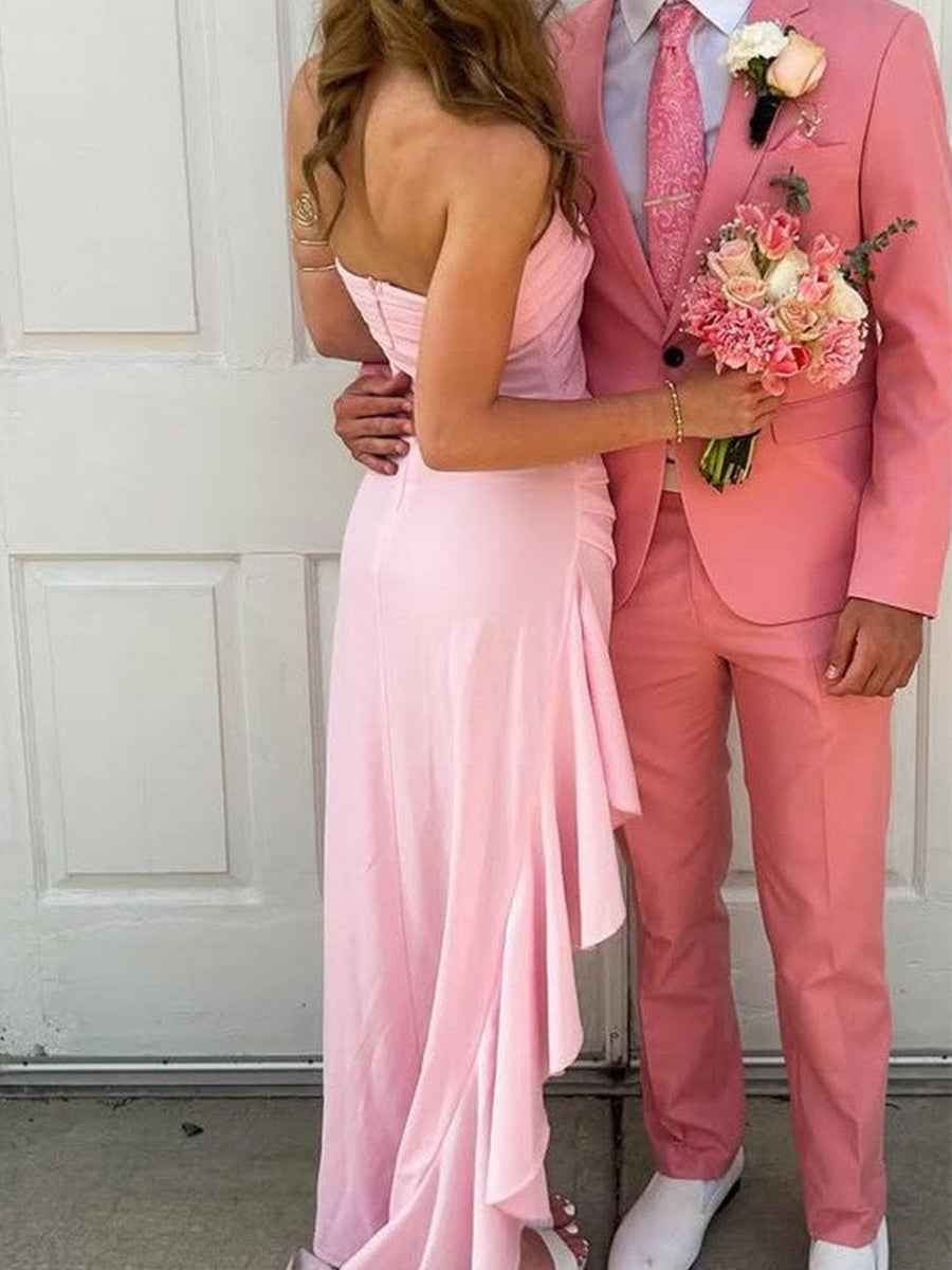 Pink Strapless Pleated Satin Long Prom Party Dress with Slit