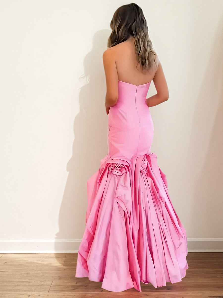 Pink Strapless Satin 3D Rosette Mermaid Long Prom Dress