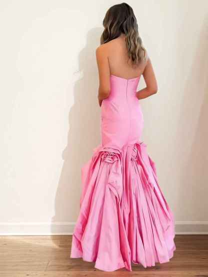 Pink Strapless Satin 3D Rosette Mermaid Long Prom Dress