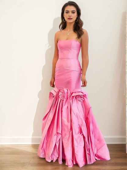 Pink Strapless Satin 3D Rosette Mermaid Long Prom Dress