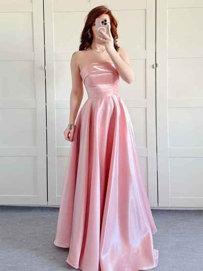 Pink Strapless Satin A-Line Prom Dress with Fold-Over Neckline