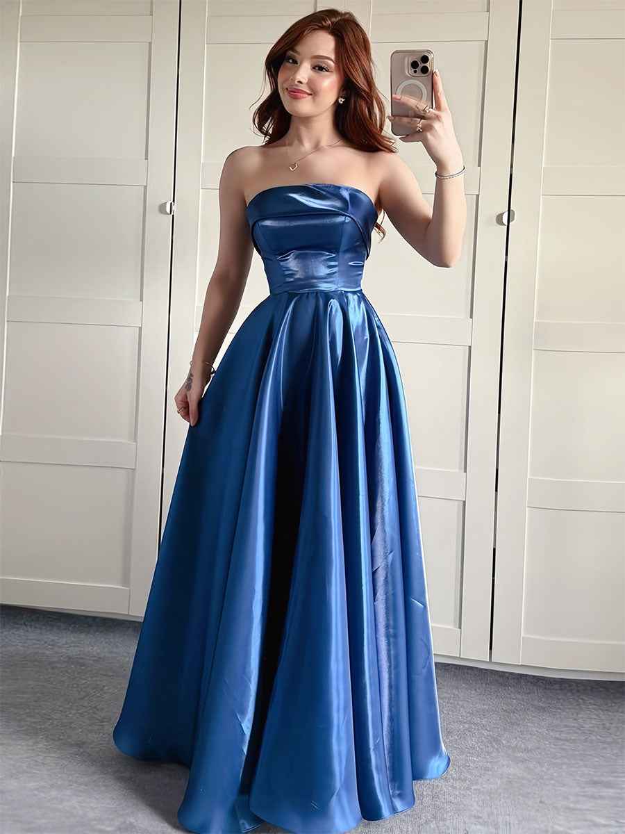 Pink Strapless Satin A-Line Prom Dress with Fold-Over Neckline