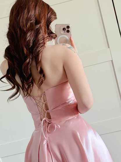 Pink Strapless Satin A-Line Prom Dress with Fold-Over Neckline