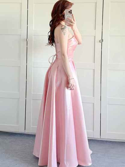 Pink Strapless Satin A-Line Prom Dress with Fold-Over Neckline