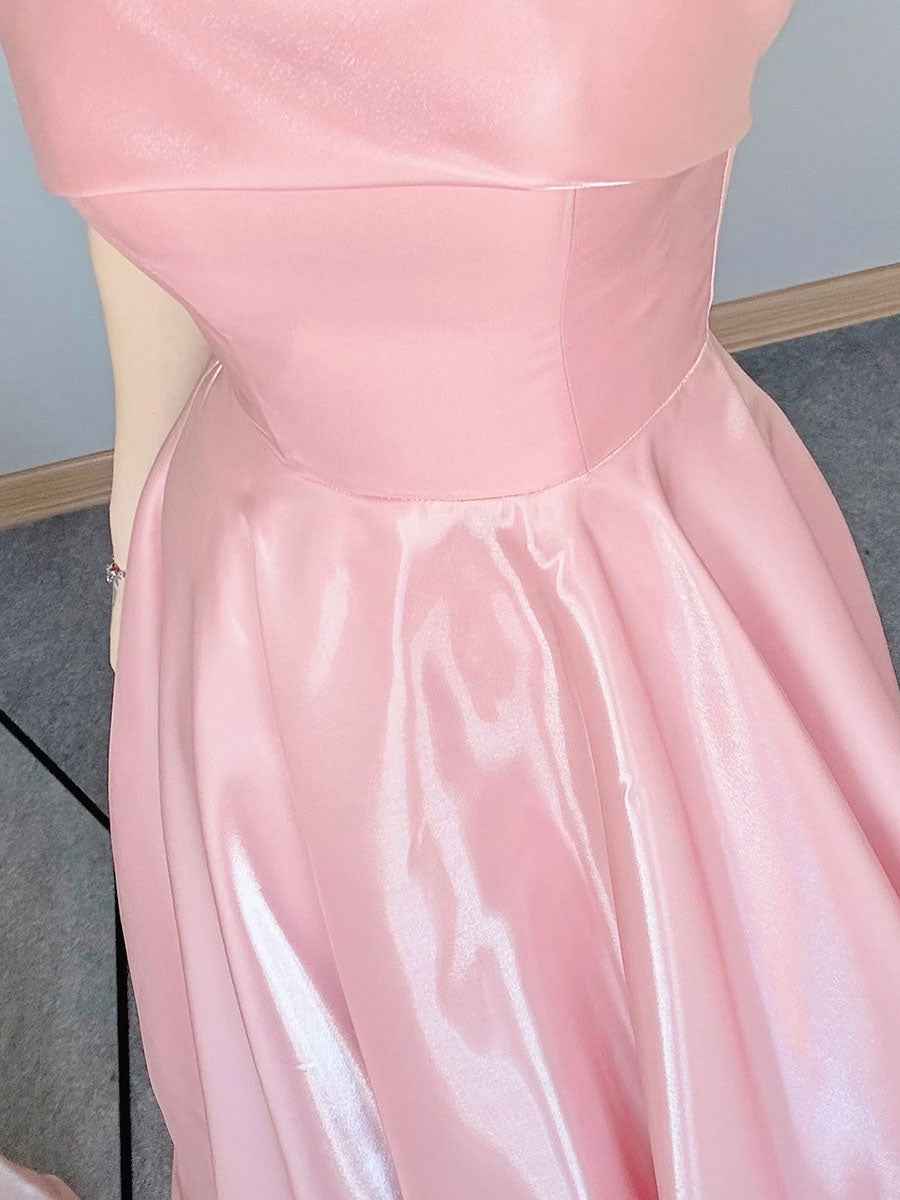 Pink Strapless Satin A-Line Prom Dress with Fold-Over Neckline