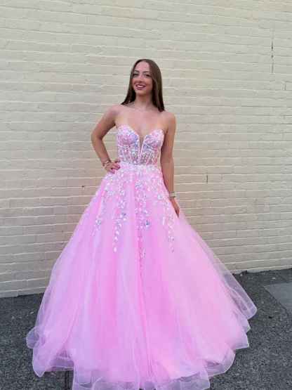 Pink Strapless Sequin Corset Long Prom Dress with Appliques