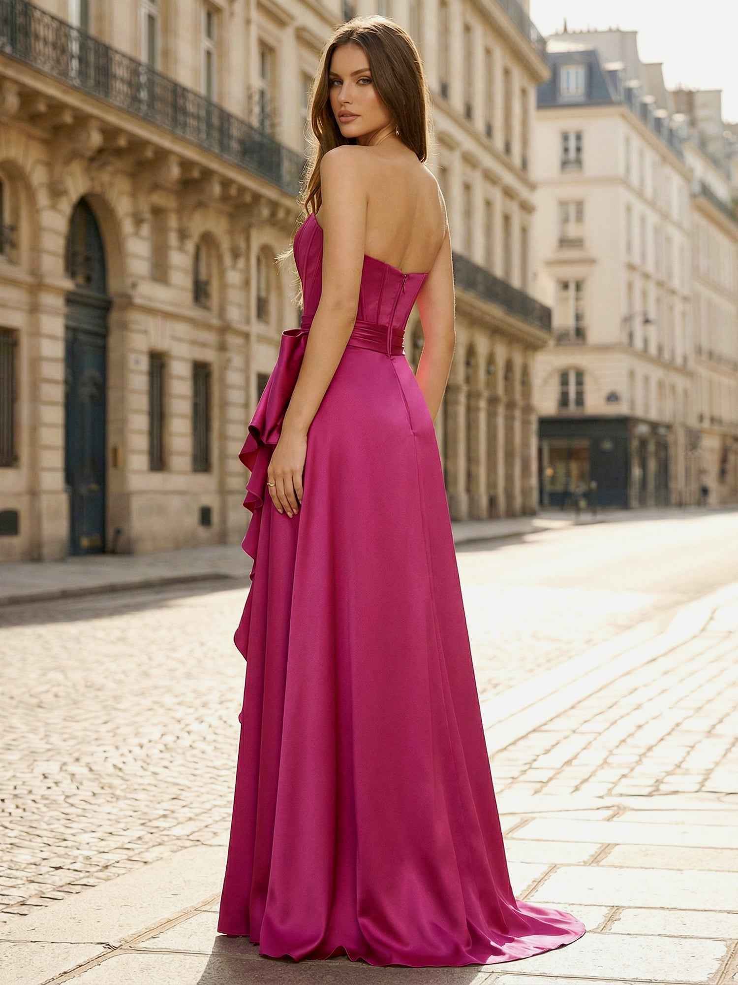 Fuchsia Strapless Sweetheart Deep Split Prom Dress with Corset Back