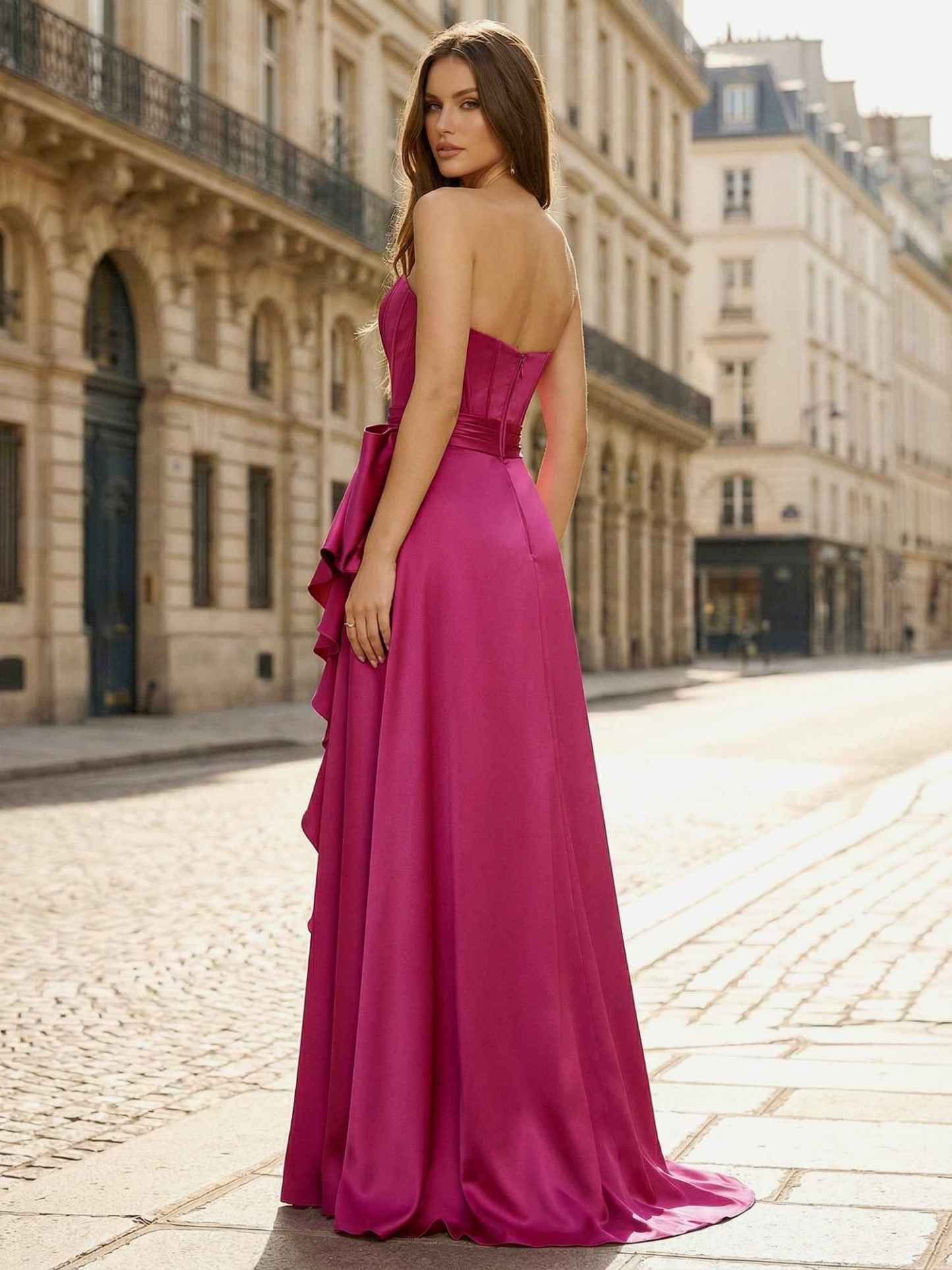 Fuchsia Strapless Sweetheart Deep Split Prom Dress with Corset Back