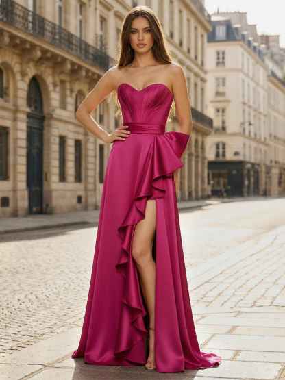 Fuchsia Strapless Sweetheart Deep Split Prom Dress with Corset Back