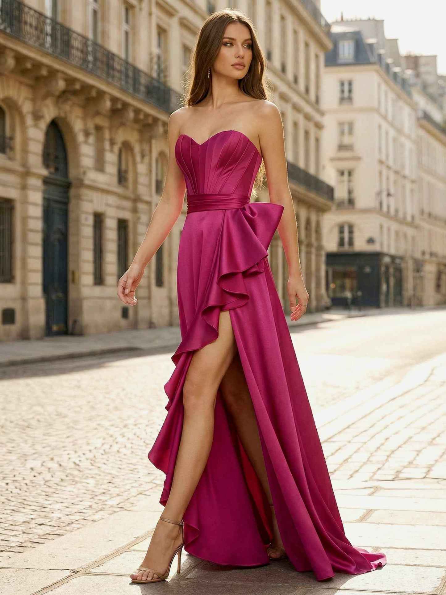 Fuchsia Strapless Sweetheart Deep Split Prom Dress with Corset Back