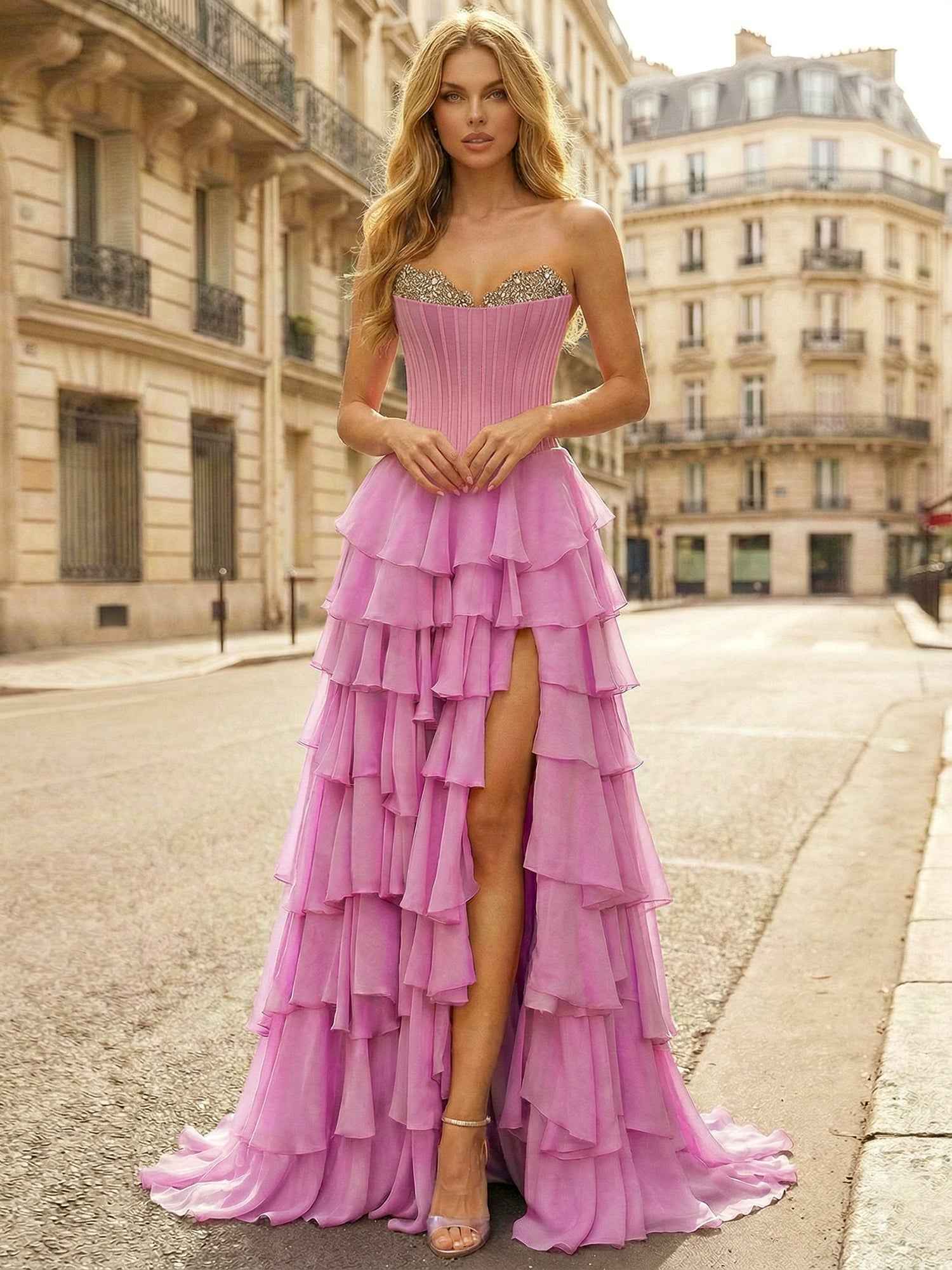 Pink Strapless Tiered Ruffle Prom Dress with Crystal Embellishments