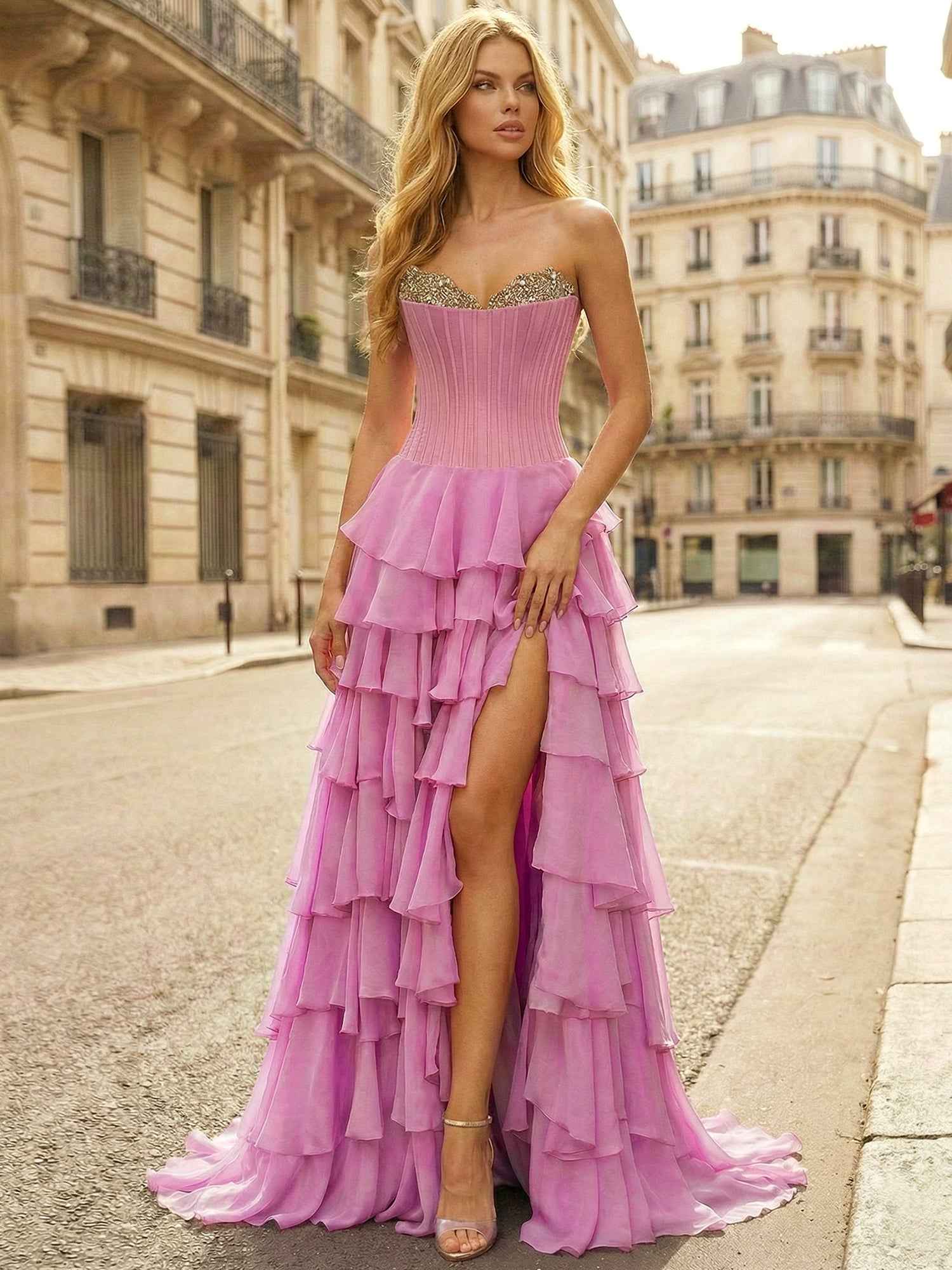 Pink Strapless Tiered Ruffle Prom Dress with Crystal Embellishments