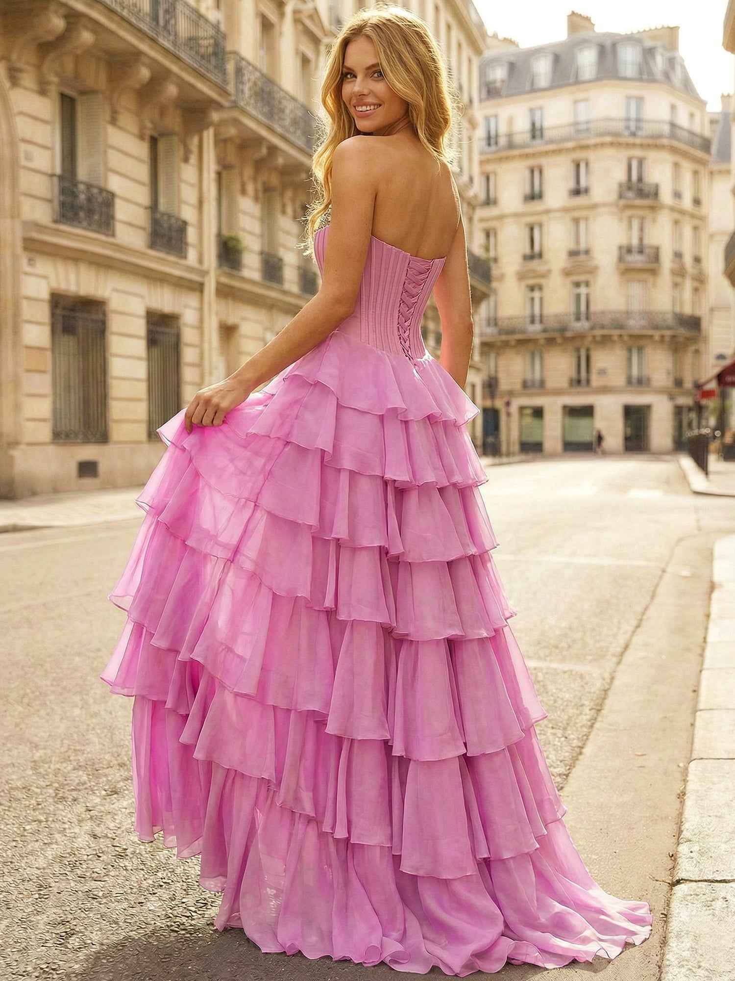 Pink Strapless Tiered Ruffle Prom Dress with Crystal Embellishments