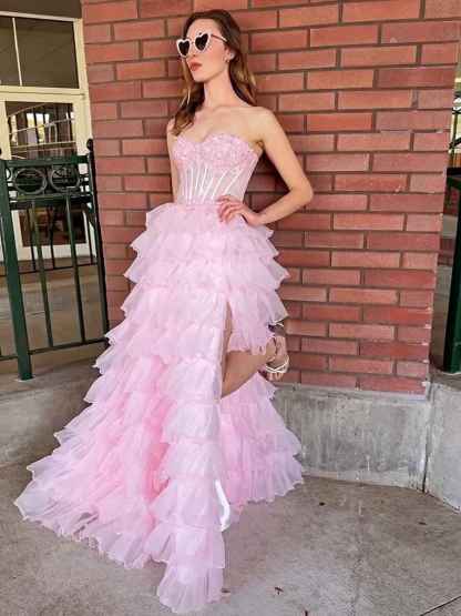 Pink Strapless Tiered Ruffles Lace Applique|s Corset Prom Dress with Slit