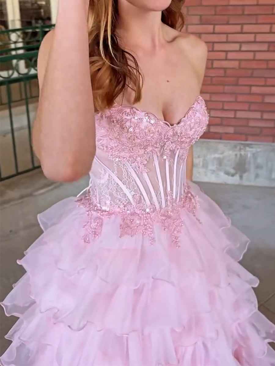 Pink Strapless Tiered Ruffles Lace Applique|s Corset Prom Dress with Slit