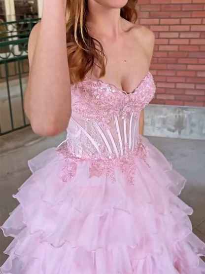 Pink Strapless Tiered Ruffles Lace Applique|s Corset Prom Dress with Slit