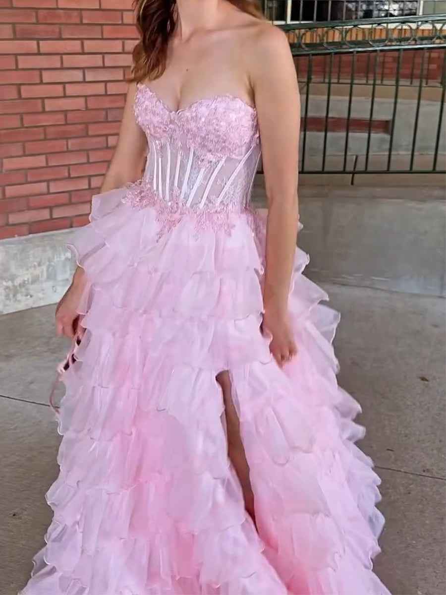Pink Strapless Tiered Ruffles Lace Applique|s Corset Prom Dress with Slit