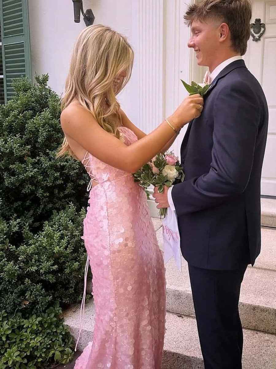 Pink Straps Sequin Long Prom Dress with Slit