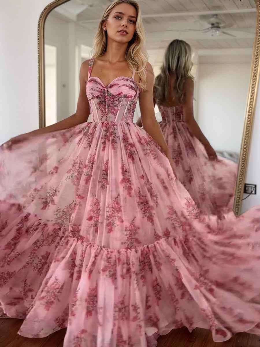 Pink Sweetheart A Line Floral Printed Chiffon Long Prom Dress With Bow