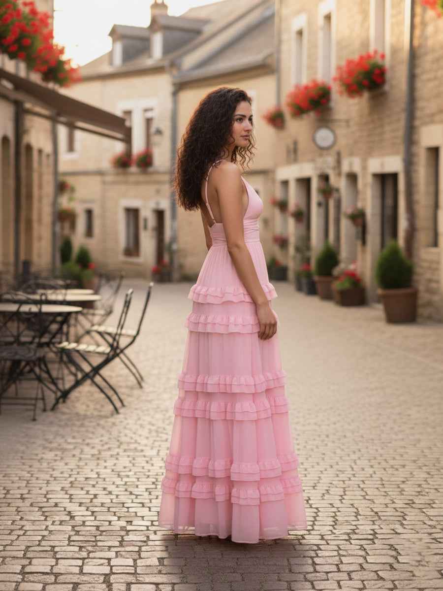 Pink Tiered V-Neck Chiffon Bridesmaid Dress with Ruffle
