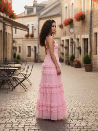 Pink Tiered V-Neck Chiffon Bridesmaid Dress with Ruffle