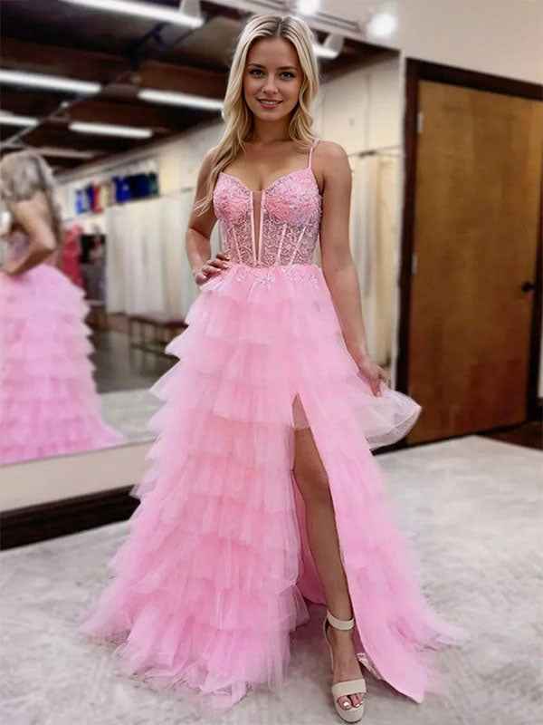 Pink Tulle Tiered Corset Long Prom Dress with Slit