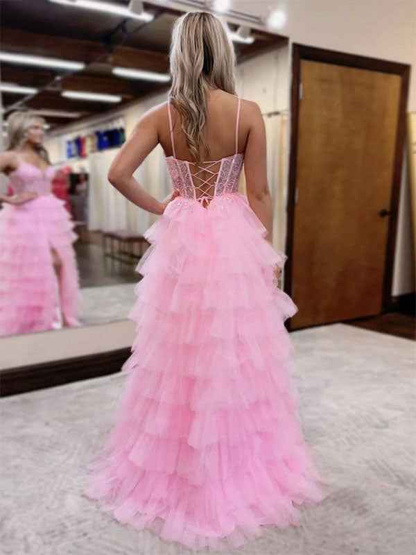 Pink Tulle Tiered Corset Long Prom Dress with Slit